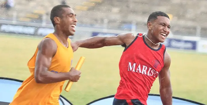 Haggai Sukainivalu of Marist Brother's High School celebrates his inter-boys relay heats win over Suva Grammar School during Suva Zone 2 at HFC Bank Stadium on March 26,2025. Photo: Ronald Kumar