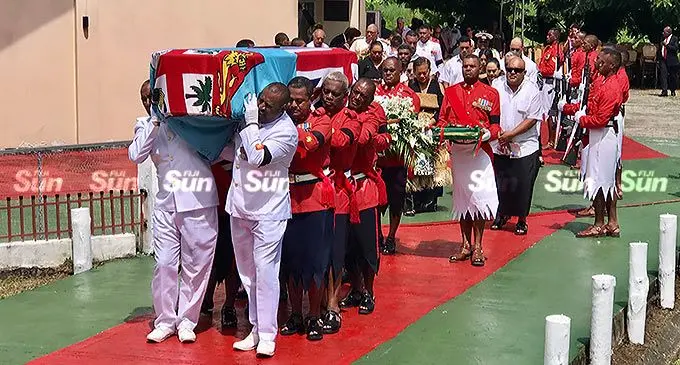 The casket of the late Ratu Epeli Ganilau is carried out of the Queen Elizabeth Barracks chapel on March 29, 2023. Photo: Inoke Rabonu