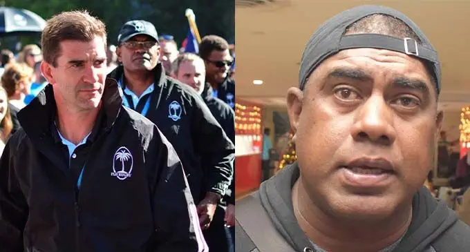 Fiji Airways Fijian 7s coach Gareth Baber and Fiji Airways Fijiana 7s coach Saiasi Fuli.