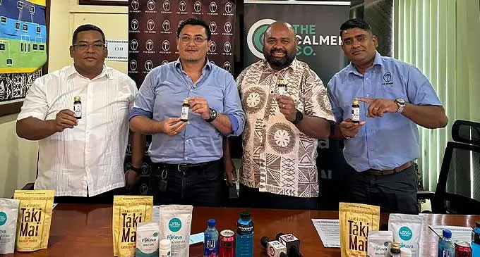 From left: George Kotobalavu, Fiji Kava founder and executive director Zane Yoshida, Fiji Rugby interim administrator Simione Valenitabua and Fiji Rugby general manager commercial Avnil Pratap during the press conference at Rugby House in Suva on January 22, 2023. Photo: Sereana Sala lo