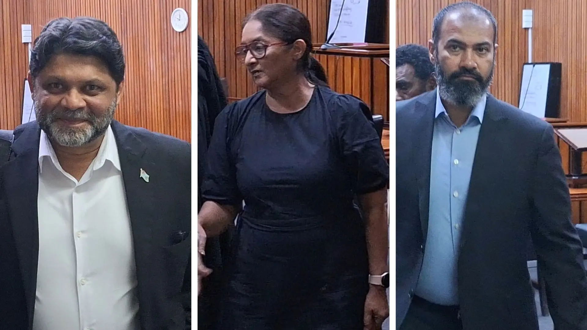 Former Attorney-General and Minister for Civil Aviation Aiyaz Sayed-Khaiyum, former Fiji Airways Corporate Affairs executive general manager Shaenaz Voss, and Fiji Airways Safety, Security and Quality general manager Sharun Ali in court.