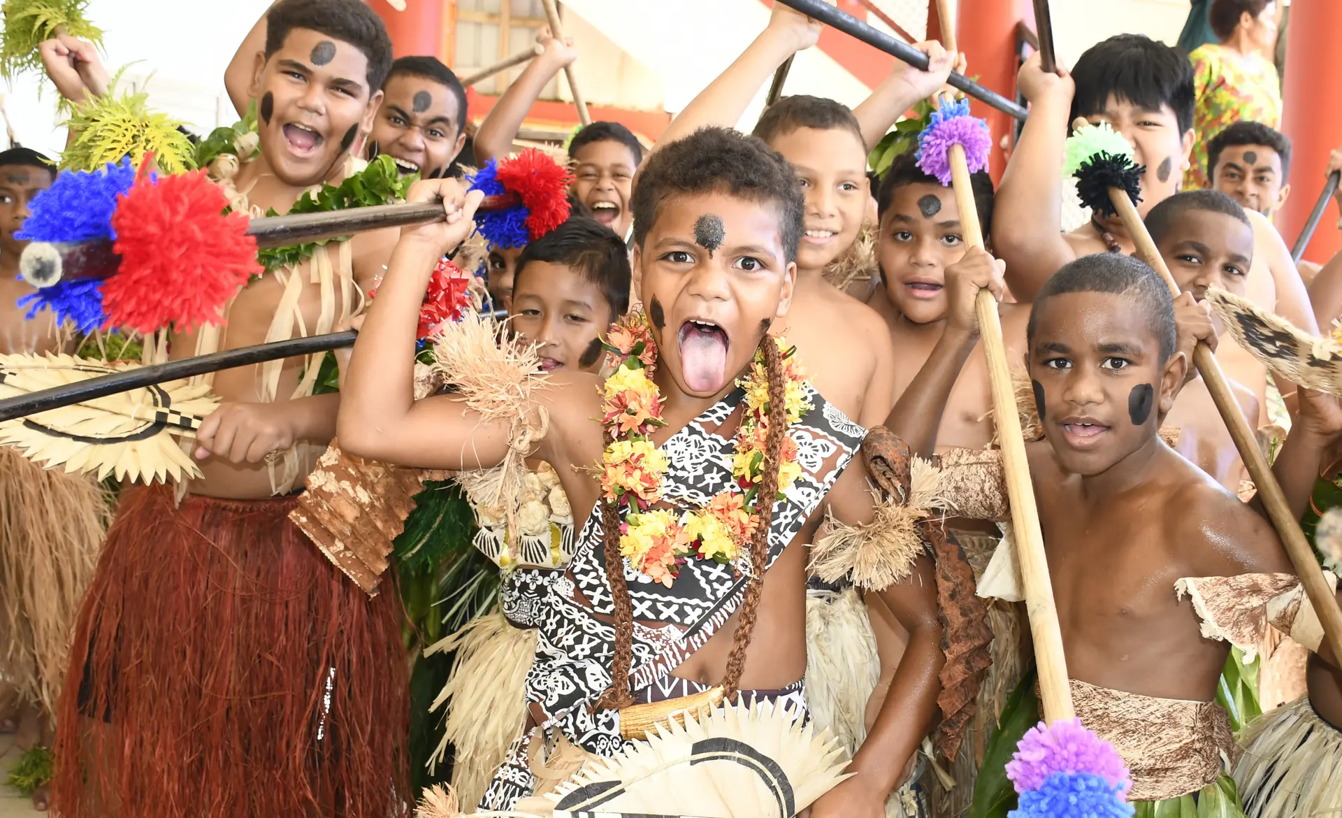 Yat Sen Primary School year 5 student Ratu Waisiki Matavesi (front-middle) during his first meke with fellow students during special Ratu Sir Lala Sukuna day celebration prefomance in school on May 28, 2026. Photo: Ronald Kumar. 