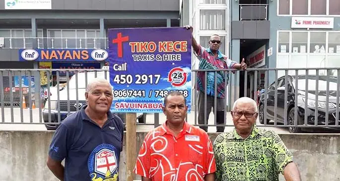 Tiko Kece Taxis & Hire director Loma Baleilevuka, left with committee members Aminiasi Cinanikoro, Malakai Lowalu, Asaeli and Asaeli Dakuwaqa, standing at the back,  at their new Savuinabua base in Nadera. 