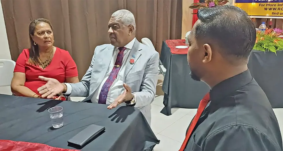 From left: Rotary Club Labasa director of social services Amelia Simpson having a discussion with the Minister for Home Affairs and Immigration Pio Tikoduadua and her club president John Prasad at Fiji Football Academy in Labasa on November 9, 2024. Photo: Shratika Naidu