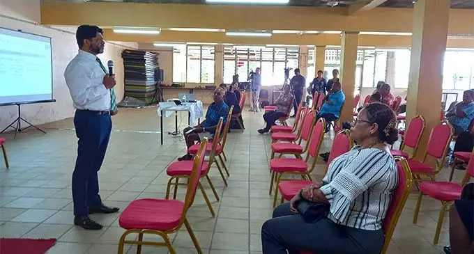 Attorney-General and Minister for Economy Aiyaz Sayed-Khaiyum (left), with SODELPA provisional candidate and former Nausori Town Council chief executive officer, Lydia Lazel (closest to camera), during the National Budget Consultation in Nausori on July 4, 2022. Photo: Jone Salusalu 