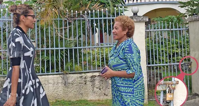 Newly-appointed acting SODELPA general secretary Emele Duituturaga (right) and SODELPA Member of Parliament Lynda Tabuya outside the party’s headquarters in Suva. The gates were padlocked and office doors closed on May 25, 2020. Photo: Ronald Kumar