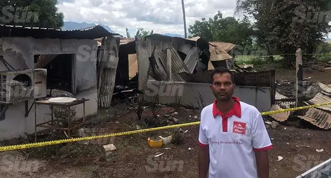 Home owner Raymond Vikash Prasad in front of the remains of his seven bedroom home in Votualevu, Nadi on October 11, 2020. Photo: Waisea Nasokia