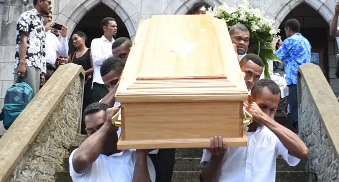 The casket of SODELPA and Opposition Member of Parliament, the late Ratu Sela Nanovo carried out of Centenary Methodist Church in Suva during the funeral service on February 20, 2018. Photo: Ronald Kumar