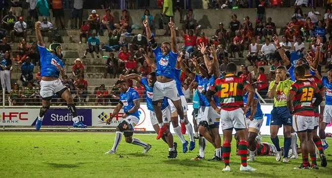 VolaTotalEnergies Police rugby team celebrate their 19-11 victory over Subrails Furniture RFMF after the referee blew the final whistle of the FMF Sukuna Bowl at the HFC Bank Stadium in Suva on November 25, 2022.