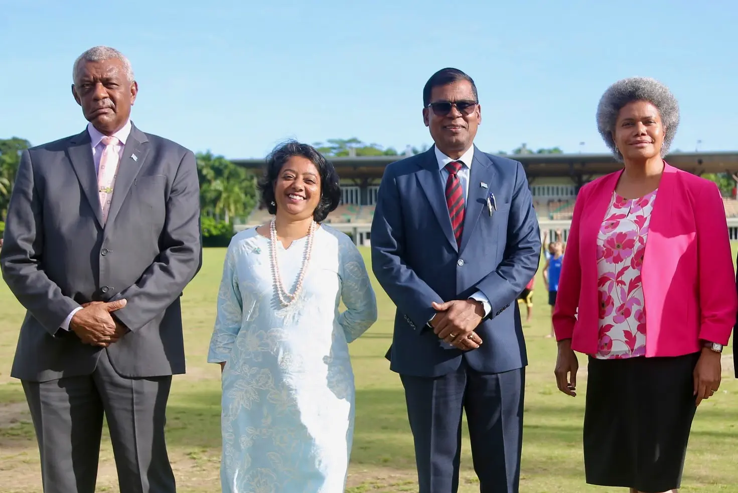 National Federation Party members of parliament (from left) Minister for Defence and Veteran Affairs,  Pio Tikoduadua, Minister for Women, Children and Social Protection Sashi Kiran, NFP leader Biman Prasad and Assistant Minister for Foreign Affairs Lenora Qereqeretabua.