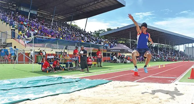 Aiden Caine of St Thomas High School on his winning jump in the sub junior boys long jump during the Lautoka/ Yasawa zone competition at Churchill Park in Lautoka on March 22, 2019.Photo: Waisea Nasokia 