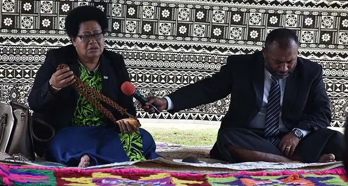 Assistant Minister for iTaukei Affairs, Selai Adimaitoga with Minister for Health and Medical Services Ifereimi Waqainabete at the opening of the Ra Provincial Council Meeting at the Ra Provincial Council Hall, in Nanukuloa, Ra yesterday. Photo: WAISEA NASOKIA