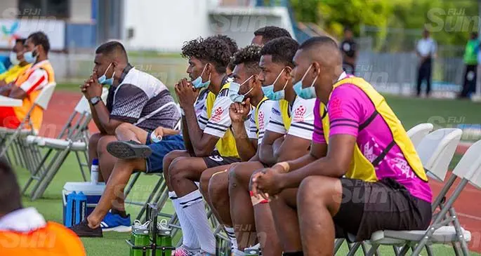 Suva football players on the reserve bench with their masks during the Digicel Premier League clash against Labasa at the ANZ Stadium, Suva, on April 18, 2021. Photo: Leon Lord