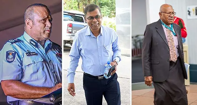 From Left: Commissioner of Police Brigadier-General Sitiveni Qiliho, National Federation Party leader Biman Prasad and The People’s Alliance leader Sitiveni Rabuka. Photo: Ronald Kumar