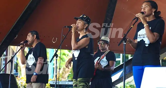 Vude Queen Laisa Vulakoro (second from left) entertain the Suva crowd during the ‘Fiji 4 Australia Fire Concert’ at Ratu Sukuna Park on January 25, 2020. Photo: Kelera Sovasiga