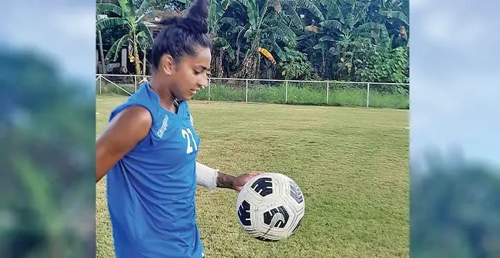 Fiji women’s football striker Trina Davis during training at Naha school ground in Honiara, Solomon Islands on November19, 2023. Photo: Waisea Nasokia