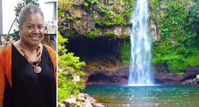 Akanisi Smith and Fiji's lush natural beauty in Bouma National Heritage Park on the island of Taveuni