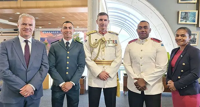 His Excellency Mr Milad RAAD, Ambassador of Lebanon with Maroun Al Alam - Lebanon and Lebanese Armed Forces Pioneer ADFA graduate; General Angus Campbell - Chief of Australian Defence Forces, 2LT Rusiate Sailo - Fiji and RFMF’s Pioneer ADFA graduate and Counsellor Salote Tagivakatini representing the High Commission of the Republic of Fiji to Australia at the Australian Defence Force Academy (ADFA) Graduation Program