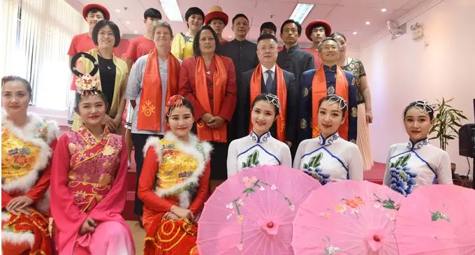 (Standing middle row-from left) Ministry of Education Permanent Secretary Alison Burchell, Health Minister Rosy Akbar, Chinese Ambassador to Fiji Qian Bo, and director of the Chinese Cultural Centre, Deng Xianfu, with members of the Henan Sibnging and Dancing Art Troupe and Puyang Acrobatics Troupe, during the Chinese New Year reception in Suva on February 8, 2018. Photo: Ronald Kumar