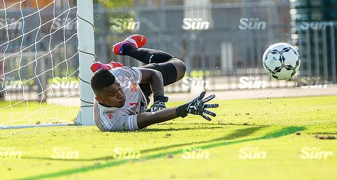 Rewa goalkeeper Mohammed Alam makes a save during the Digicel Premier League match. Alam is one of the three goalkeepers in the national football squad preparing for the Oceania qualifiers set for March, next year in Qatar. Photo: Leon Lord