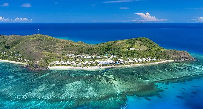 An aerial shot of Sheraton Resort and Spa Tokoriki Island Fiji.
