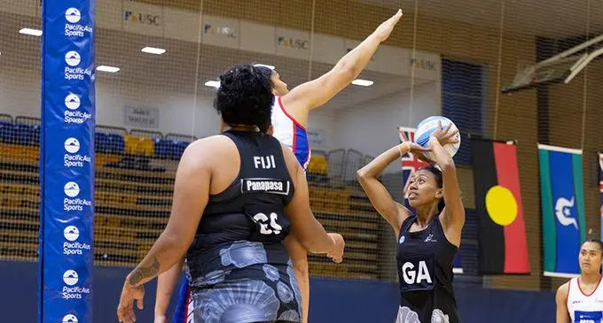Fijian Pearls goal attack Unaisi Rauluni attempts a shot during their match against Samoa at the PacificAus Sports series on October 17, 2022. Photo: Netball Australia. 