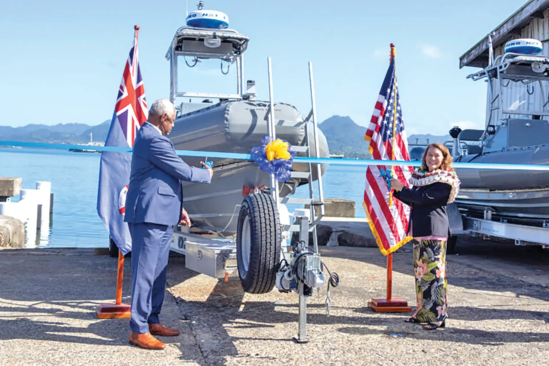 From left: Defence Minister Pio Tikoduadua with US Chargé d’Affaires Christina Cavallo and on August 13, 2026 when the United States handed over a new boat ramp and three boats to the Republic of Fiji Navy.