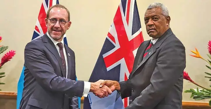 New Zealand’s Minister for Defence Andrew Little and Minister for Home Affairs Pio Tikoduadua after the signing of the Status of Force Agreement on June 14, 2023.