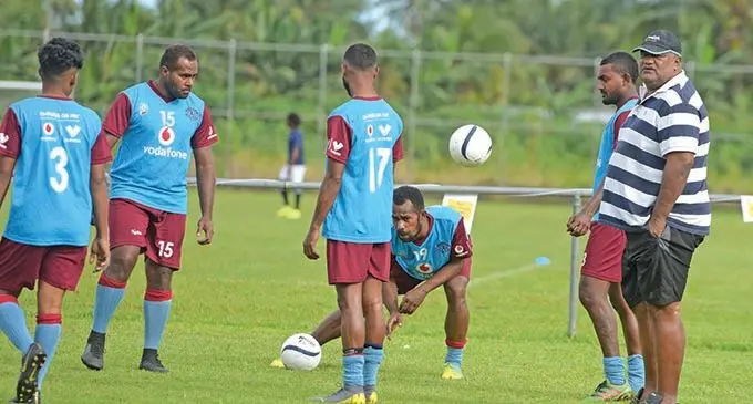 Nasinu head coach, Tagi Vonolagi (right), guides his team during a training session on July 22, 2020. Photo: Ronald Kumar