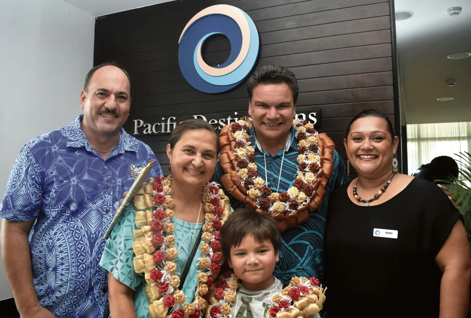 FETA Trustee Craig Powell, Sir Michael Niko Jones with wife Malienafau Jones, son Levi Jones and Pacific Destinations rep Reona Southey at the Nadi International Airport yesterday. Photo: WAISEA NASOKIA