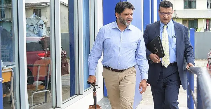 Former Attorney-General, Aiyaz Sayed-Khaiyum, and his lawyer, Devanesh Sharma, outside the Valelevu Police Station on March 22, 2023. Photo: Ronald Kumar