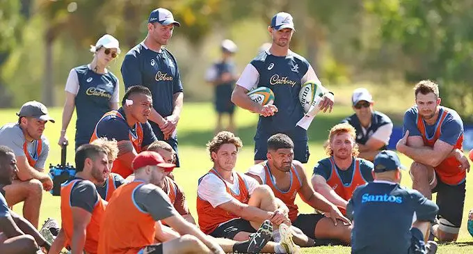Dan Palmer (centre) and Berrick Barnes (right) have joined Eddie Jones’ coaching set-up. Photo: Rugby.com.au