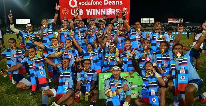 Queen Victoria School Under-18 players after winning the Vodafone Super Deans Trophy at the HFC Bank Stadium, Suva, on August 26, 2023. Photo: Leon Lord.