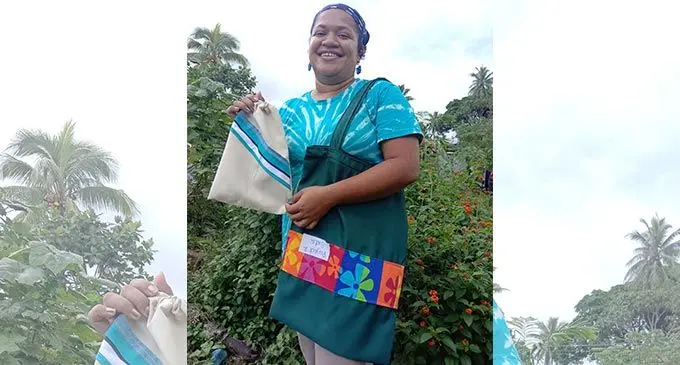 Salanieta Tavo of Qauia, Lami with her string bags she designed. Photo: Laiseana Nasiga