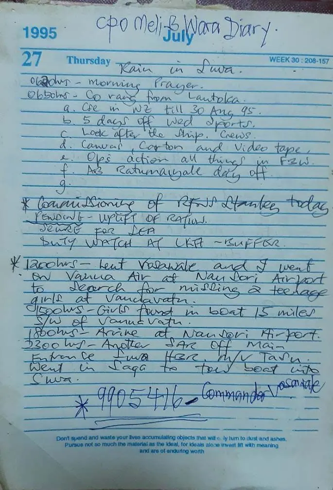 The copy of CPO Meli Wara’s diary on Thursday, July 27, 1995. Photo: Meli Wara