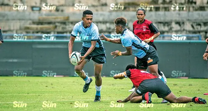 Ivamere Nabura (with ball) plays for Mt Masada during the Super Sevens Series at the ANZ Stadium, Suva, on November 12, 2021. Photo: Leon Lord