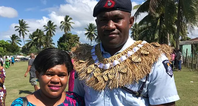 Nemani Biu (right) with his wife Luisiana Vucatu during the 2020 Basic Recruits Course certificate presentation and passing out parade at Subrail Park in Labasa on July 22, 2020. Photo: Shratika Naidu 