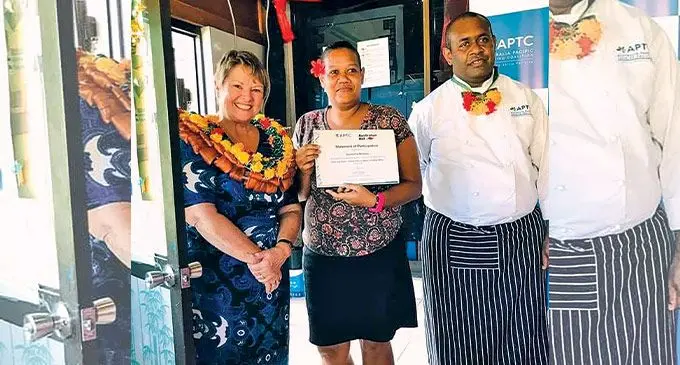 Second from left: Samantha McGoon flanked by chief executive officer of Australia Pacific Training Coalition Janelle Chapman and her trainer in Suva on May 18, 2022 Photo: APTC