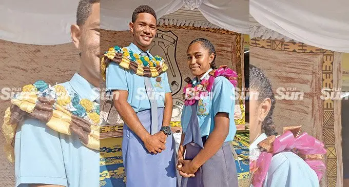 Sila Central High School head prefects Manoa Iranacolaivalu and Lilian Tawake after their prefect induction ceremony on May 12 Photo: Sheenal Charan