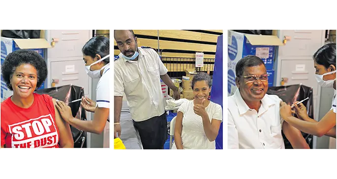 National Federation Party (NFP) vice president Lenora Qereqeretabua took her first COVID-19 vaccine shot,  SODELPA MP and Whip Lynda Tabuya got her AstraZeneca jab on April 13, 2021 and National Federation Party (NFP) leader Biman Prasad took his first COVID-19 vaccine shots on April 14, 2021 at the Samabula Health Centre. Photo: National Federation Party