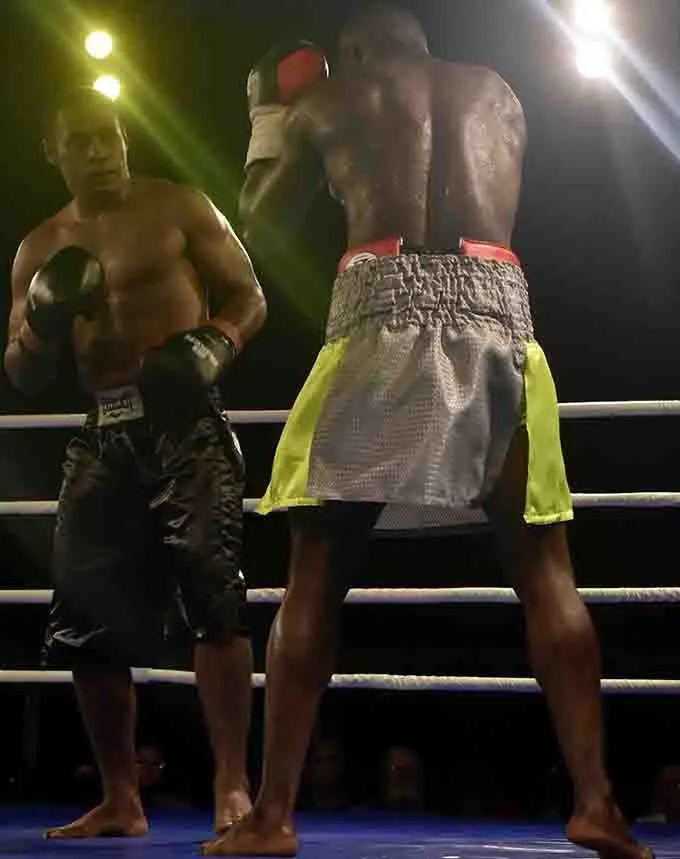 Ba's Savenaca Naliva and Joseph Kwadjo in bare foot in the main bout at Prince Charles Park in Nadi on Saturday night. Photo: WAISEA NASOKIA