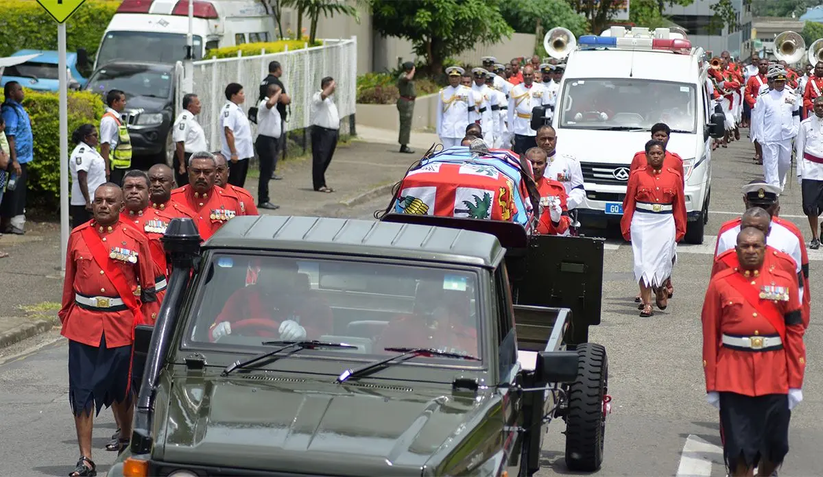 Republic of Fiji Military Force personnel escorted the casket of former Commander of RFMF late Col. Paul Manueli from Miot Hospital in Army Street to Brown Street and to the junction of Rewa Street on February 28, 2019. Photo: Ronald Kumar.