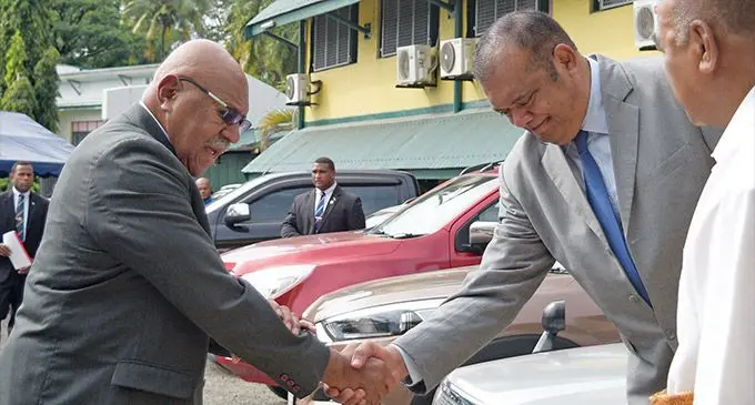 Prime Minister Sitiveni Rabuka (left), with Ratu Tevita Uluilakeba at Stadio 6 in Suva on June 27, 2023. Photo: Ronald Kumar