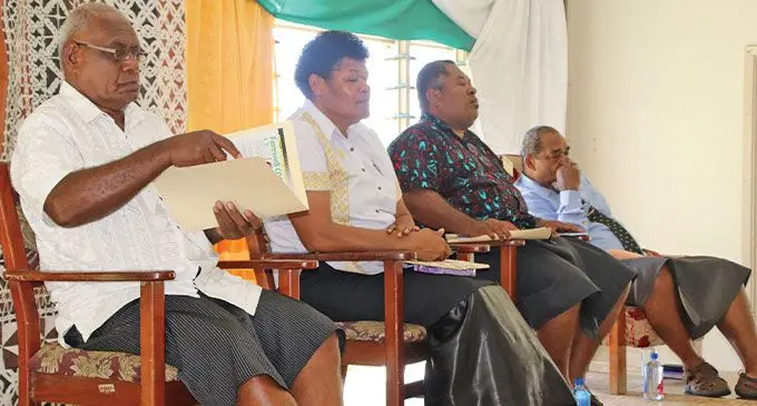 Ra Provincial Council Meeting chairman Manoa Seru, Fiji Corrections Service Acting Commissioner Salote Panapasa with participants at the Yellow Ribbon Symposium at Nanukuloa, Ra on March 17, 2023.
