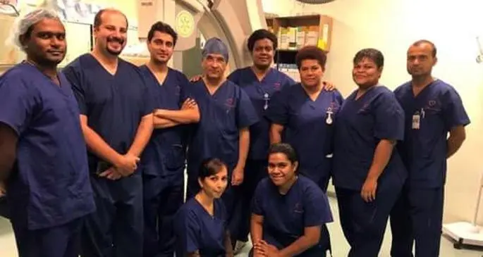 Second from left: Dr Shahin Nusair and Dr Bharatvansh Bali with CWM Hospital Catheterisation Lab team.