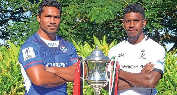 Samoan Captain Afa Aiono (left) and Fijian Warriors Captain Frank Lomani. The two sides will meet in their final round 2019 World Rugby Pacific Challenge at at ANZ Stadium later today. Photo: Ronald Kumar.