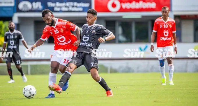Ba midfielder, Nabil Begg (right) tries to defend against Rewa’s Kavaia Rawaqa during their match in Round 1 of the Digicel Premier League at the ANZ Stadium, Suva, on February 13, 2022. Begg is the youngest player selected for the national side that will leave for Qatar next month to play in the World Cup qualifier. Photo: Leon Lord