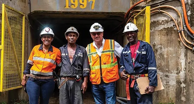 Lion One’s Tuvatu chief operations officer Patrick Hickey (3rd from left ) flanked by environment officer Sereana Vatucicila, and miners Pauliani Kulavere (far right), and AkuilaTawakedrau (2nd from left), at the mine in Sabeto . Photo: Leon Lord