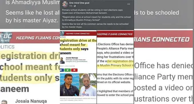 Screenshot of the One Mind One goal Facebook page on Monday March, 14, 2022 titled ‘Primary School students will be voting in next elections, says Supervisor of Elections Mohammad Saneem.