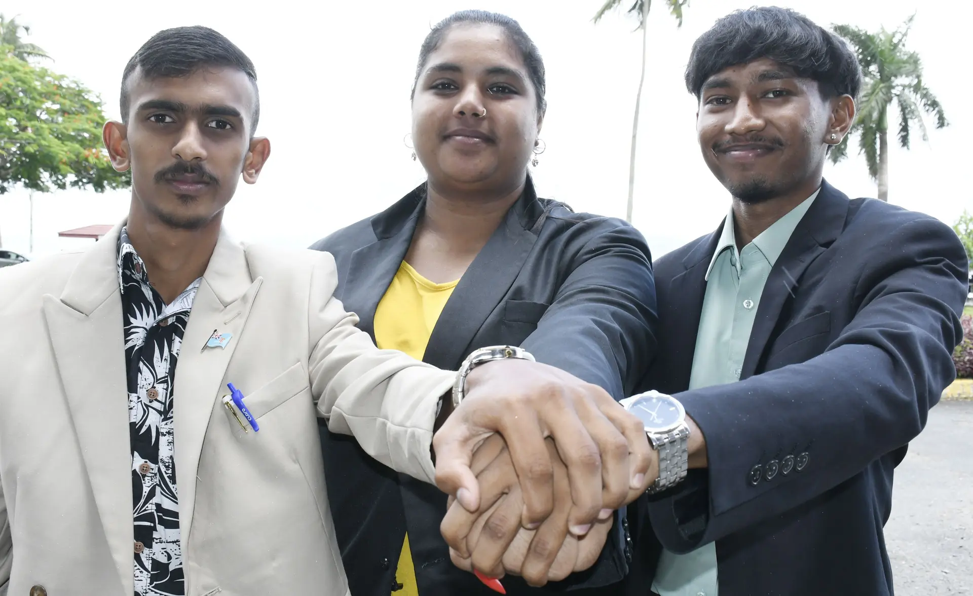 Youth leaders and former youth parliamentarians. From left: Nishal Narayan, Patricia Subbaiya, and Krishal Prasad after consultations on the Counter Narcotics bill at the Suva Civic Centre on February 9, 2026.